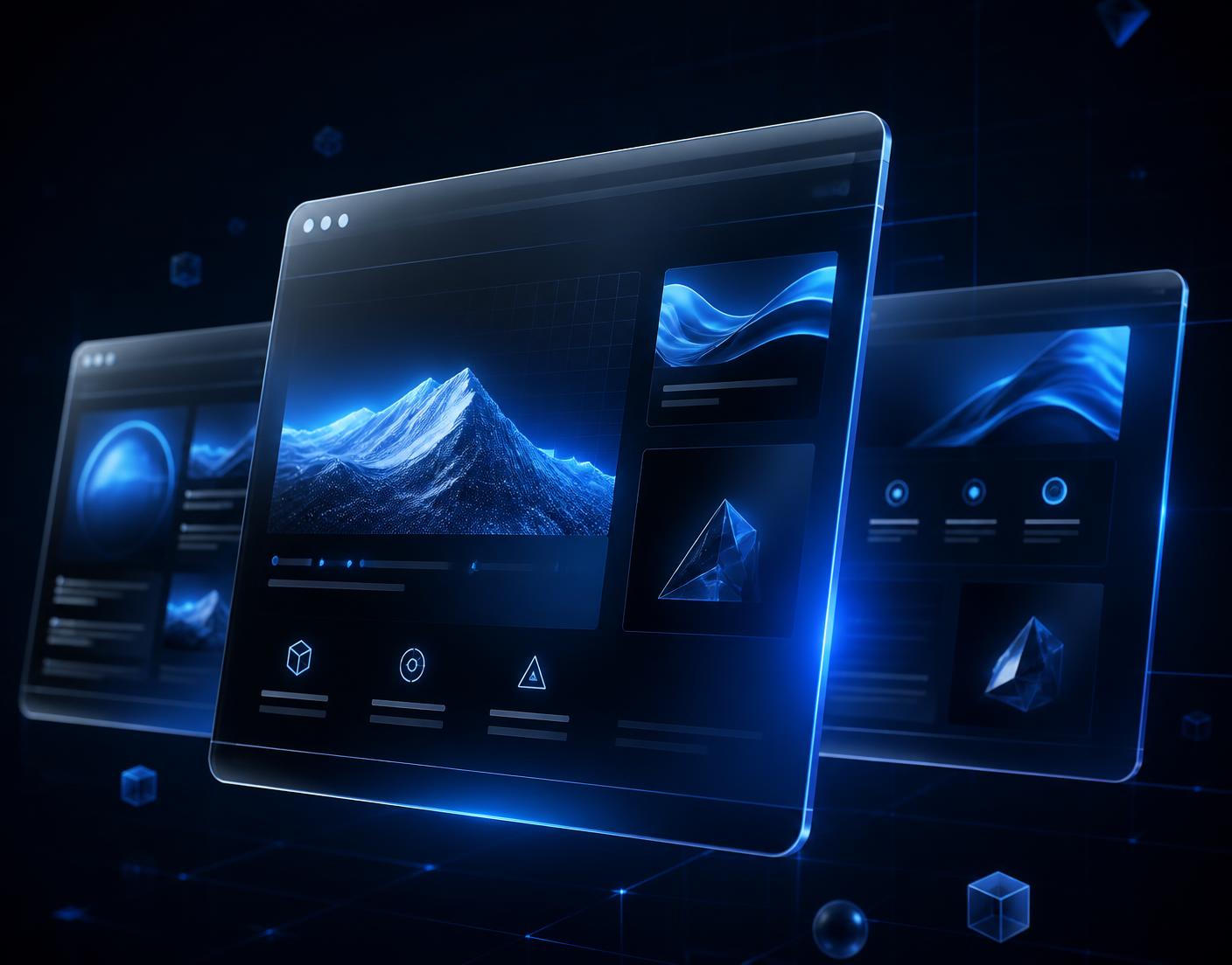 Modern website designs built by Page2Site displayed on floating glass browser windows